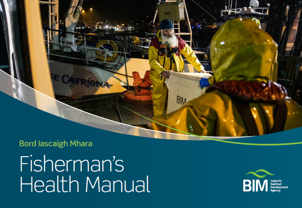 Cover Page of Fisherman's Health Handbook showing a Fisherman unloading products at a dock. The Image also hosts some BIM branded graphics.